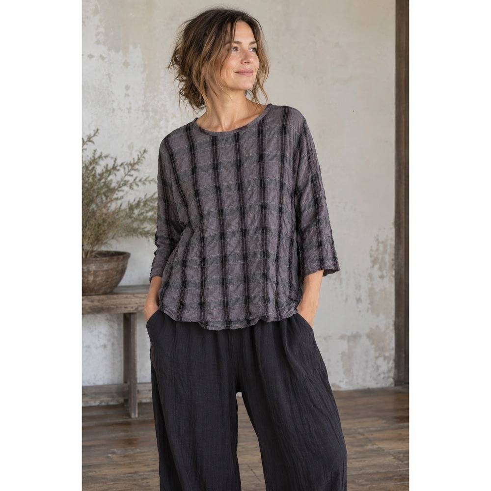Cut Loose Purple Grey Textured Plaid 3/4 Sleeve Lagenlook Blouse Top- M